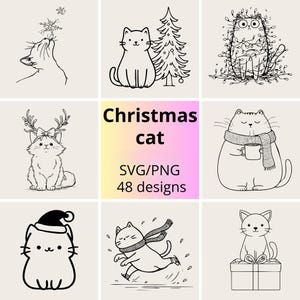Op de afbeelding: Een verzameling zwart-wit kerstkatontwerpen. De ontwerpen bevatten katten met kerstbomen, rendiergeweien, verpakt in lichtjes, met een kerstmuts en rennend met een sjaal. De tekst "Christmas cat" is ook aanwezig.