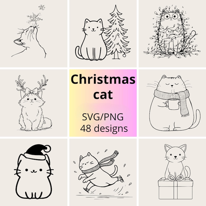 Op de afbeelding: Een verzameling zwart-wit kerstkatontwerpen. De ontwerpen bevatten katten met kerstbomen, rendiergeweien, verpakt in lichtjes, met een kerstmuts en rennend met een sjaal. De tekst "Christmas cat" is ook aanwezig.