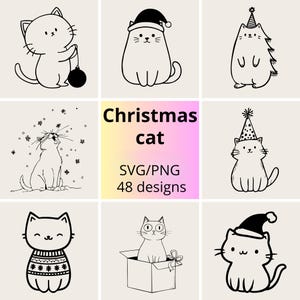 Op de afbeelding: Een verzameling van negen zwart-wit kattenillustraties in verschillende poses. Sommige katten dragen feestelijke hoeden, houden ornamenten vast of zitten in dozen. De afbeelding bevat de tekst "Christmas cat SVG/PNG 48 designs."