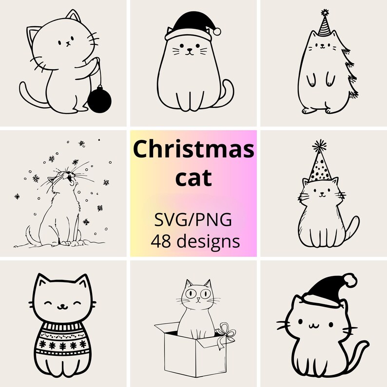 Op de afbeelding: Een verzameling van negen zwart-wit kattenillustraties in verschillende poses. Sommige katten dragen feestelijke hoeden, houden ornamenten vast of zitten in dozen. De afbeelding bevat de tekst "Christmas cat SVG/PNG 48 designs."