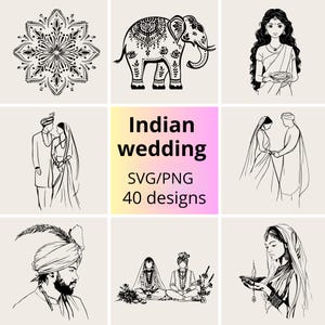 Puede incluir: Colección de diseños SVG y PNG con temática de boda india. Las imágenes incluyen ilustraciones de un mandala, un elefante, parejas y una mujer sosteniendo un plato. También está presente el texto "Indian wedding SVG/PNG 40 designs".