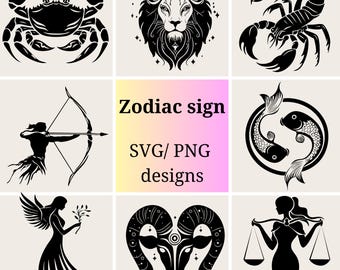 Zodiac Symbols SVG Set | Zodiac Signs SVG PNG Bundle | 12 Astrology png and svg Files | Horoscope Illustrations | Astrology Vector Clipart