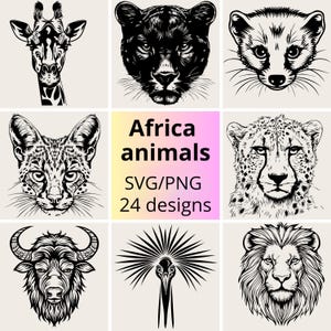 Africa Animals SVG & PNG Bundle | Safari Animals SVG Pack | 24 Wild Animal Designs | Line Art svg png African Wildlife | Africa Animal Faces
