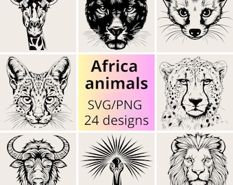 Afrykańskie zwierzęta SVG i PNG Pakiet | Safari Animals SVG Pakiet | 24 wzory dzikich zwierząt | Line Art svg png Afrykańska dzika przyroda | Afrykańskie twarze zwierząt