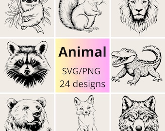Wild Animal Line Art SVG PNG Bundle: Jungle & Safari Clipart (Digital Download)