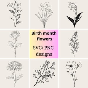 Birth Month Flowers SVG Bundle | Minimalist Birth Flower svg png Set | 12 One-Line Floral Drawings  | Minimalist Botanical Line Art