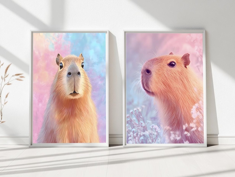 May include: Two framed art prints featuring capybaras. One print shows a capybara facing forward against a pastel blue and pink background. The other print depicts a capybara in profile with a pink and blue backdrop.