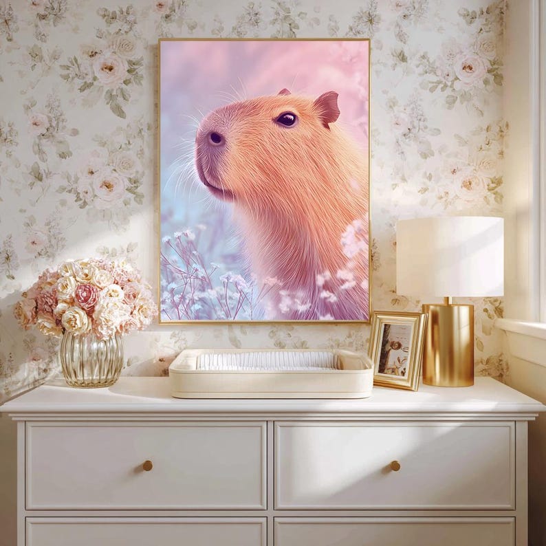May include: A framed art print featuring a close-up of a capybara with soft, peach-colored fur. The background has a dreamy, pastel color palette of pink, purple, and blue. The artwork is displayed on a white dresser with gold accents.