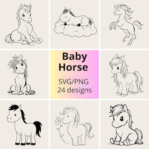 Peut inclure: Plusieurs dessins de bébés chevaux en noir et blanc, aux formats SVG et PNG. L'image présente diverses illustrations d'adorables poulains dans différentes poses, comme assis, dormant sur un nuage et se cabrant. Le texte "Baby Horse" est affiché.