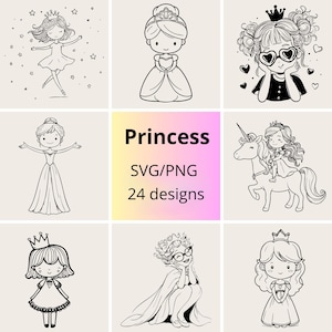 Pode incluir: Uma coleção de designs SVG e PNG com tema de princesa em preto e branco. A imagem apresenta várias ilustrações de princesas, incluindo uma montada em um unicórnio, e o texto "Princess SVG/PNG 24 designs".