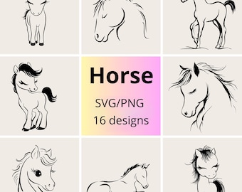 May include: A collection of 16 horse designs in SVG and PNG formats. The images feature various black and white illustrations of horses, including full body, head, and profile views. Some designs include a butterfly or a Santa hat.