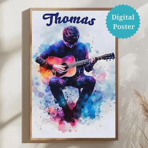 Watercolor Guitarist Art | Music Lover Print | Artistic Guitar Custom Name Print | Personalized Digital Poster Guitar player | Musician gift