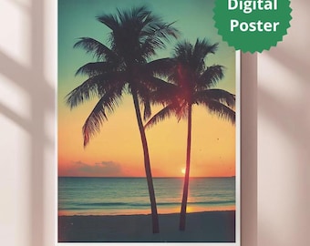 Tropical Sunset Beach Wall Art | Palm Trees at Sunset | Retro Beach Photography Print | Island Vibes Wall Art | Vintage Sunset Palm Poster