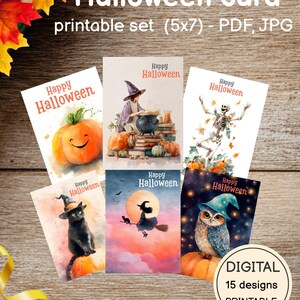 May include: A set of six rectangular Halloween cards featuring watercolour illustrations of a pumpkin, a witch with a cauldron, a skeleton, a black cat, a witch flying on a broom, and an owl. Text reads Halloween card printable set (5x7) - PDF, JPG.
