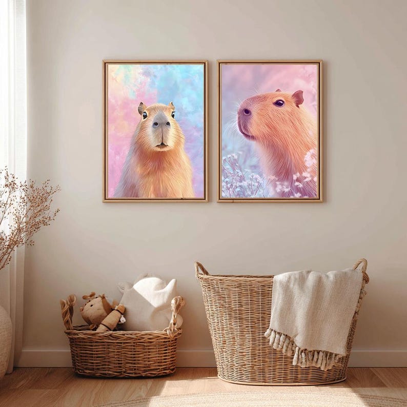 May include: Two framed art prints featuring capybaras. One shows a front-facing capybara against a blue and pink watercolor background. The other depicts a side profile of a capybara with a floral accent. The frames are light brown.