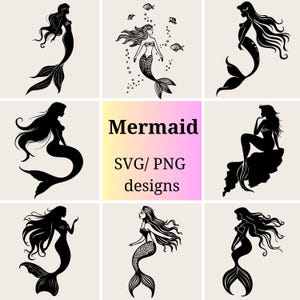Ensemble SVG Silhouette de sirène | Ensemble de cliparts océan | Design élégant sirène SVG/PNG pour Cricut | Lot sirène fantastique | Clipart océan filles