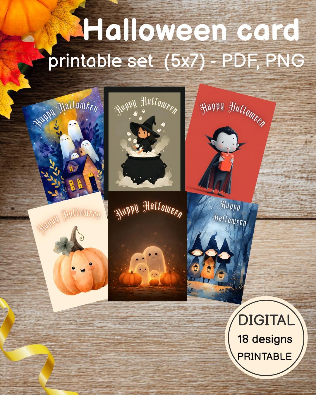 Halloween Card Set | Halloween Cards Bundle 5x7 | Cute Spooky Printable ...