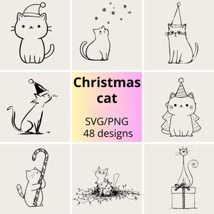 Op de afbeelding: Een verzameling van negen zwart-witte kerstkatontwerpen. De katten worden in verschillende poses afgebeeld, sommige dragen kerstmutsen of zijn omringd door kerstverlichting. De afbeelding bevat de tekst "Christmas cat SVG/PNG 48 designs."