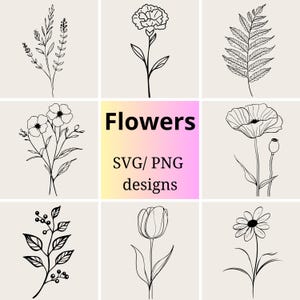 Dessin au trait floral SVG et PNG | Fleur dessinée à la main | Ensemble botanique svg| Fleur minimaliste | Pack svg fleurs sauvages png