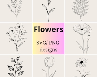 Floral Line Art SVG & PNG Bundle | Hand-Drawn Flower Clipart | Botanical Set svg| Minimalist Flower | Wildflower svg png Pack