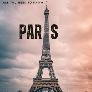 Op de afbeelding: Een reisgidsomslag met de Eiffeltoren in Parijs, Frankrijk. De tekst op de omslag luidt "Explore Paris" en "All You Need To Know". Er zijn drie secties onder de titel: "No Nonsense Guide", "Local Insights" en "Budget Hacks".