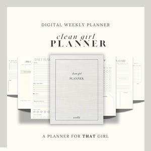Peut inclure: Un planificateur hebdomadaire numérique avec une couverture en lin gris et le texte "clean girl PLANNER" en noir. Le planificateur comprend un planificateur quotidien, un planificateur hebdomadaire et une section "cette semaine".