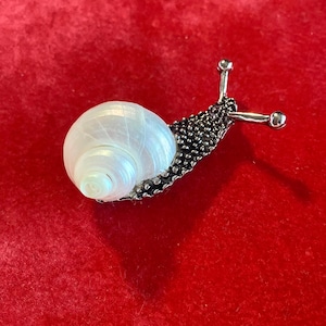 May include: A snail-shaped brooch. The shell is pearlescent white, and the body is dark and textured. The antennae are silver with small, round tips. The brooch is set against a red background.