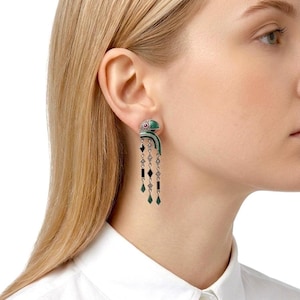 925 sterling silver parrot earrings, eye - natural ruby, adorned with white topaz treated with hematite effect, green and black enamel