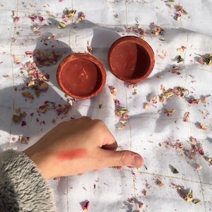 Puede incluir: Dos pequeños recipientes redondos de color terracota están sobre una superficie blanca texturizada salpicada de pétalos de rosa secos. Una mano con una muestra de maquillaje rojo-naranja está en primer plano.