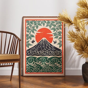 Póster vintage de Fuji, arte del amanecer con grulla de origami en linóleo, decoración de pared japonesa zen, ilustración de naturaleza retro, impresión de montaña bohemia, regalo único