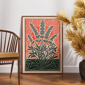 Vintage Lavendel Poster, Linolschnitt Blüte Ornament Kunst, Retro Blumen Wanddekor, Boho Botanische Illustration, Eleganter Naturdruck, Geschenkidee