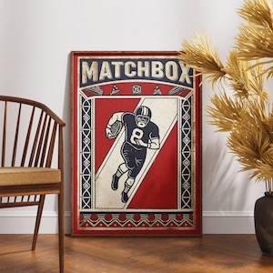 Cartaz de caixa de fósforos de futebol, arte vintage de futebol americano, impressão de parede esportiva retrô, ilustração em negrito vermelho azul, decoração atlética