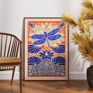 Vintage Libellen Poster, Linoldruck Lotus Haven Art, Zen Natur Wanddekoration, Retro botanische Illustration, Boho Libellen Druck, Geschenkidee