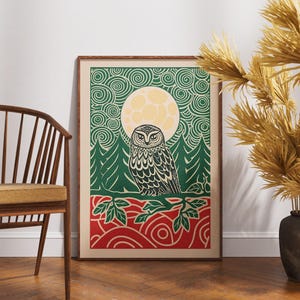 Póster de búho vintage, arte de ensueño a la luz de la luna con linograbado, decoración de pared retro nocturna, ilustración de naturaleza bohemia, impresión de pájaro místico, regalo para amantes de los búhos