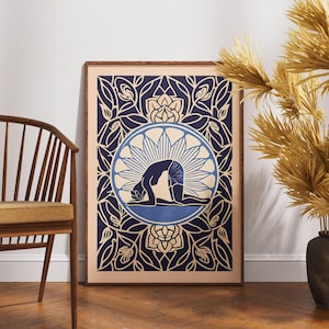 Póster vintage de flexión hacia adelante, arte de armonía de loto en linóleo, decoración de pared de yoga zen, ilustración de meditación retro, impresión de bienestar boho, regalo de yoga