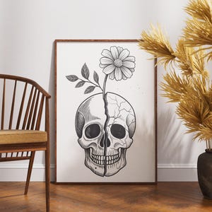 Schädel und Blumen Kunstdruck, Leben und Tod Wanddekor, geknackter Schädel botanische Illustration, gothic Blumen schwarz-weißes Plakat
