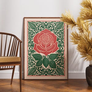 Póster vintage de rosa carmesí, impresión artística con adorno de linograbado, decoración de pared floral retro, ilustración botánica bohemia, obra de arte romántica de la naturaleza