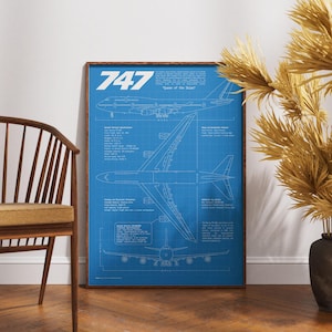 Póster de plano de Boeing 747, arte de pared de avión, póster de aviación, póster 747, regalo para amantes de la aviación, plano de avión, arte de aerolínea
