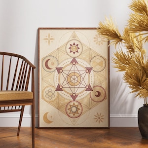 Arte mural de geometría sagrada, impresión del cubo de Metatrón, póster bohemio celestial, decoración espiritual neutra, ilustración de simbolismo místico