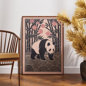Vintage Panda Poster, Linolschnitt Pflaume Bambus Kunst, Retro Wildtier Wanddekoration, Boho Natur Illustration, Asiatisch Botanischer Druck, Einzigartiges Geschenk