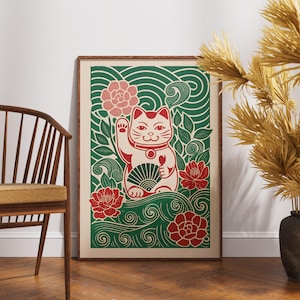 Vintage Maneki-Neko Poster, Linolschnitt Pfingstrose Fan Art, Retro Glückskatze Wanddekoration, Boho Blumen Illustration, Einzigartiges Japanisches Kunstwerk, Geschenkidee