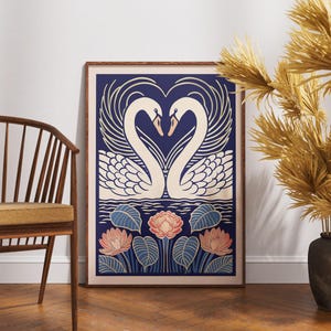Vintage Schwan Poster, Linolschnitt Herz Lotus Szene Kunst, Retro Natur Wanddekor, Boho Vogel Illustration, eleganter botanischer Druck, einzigartiges Geschenk
