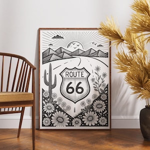 Route 66 Wall Art Print, schwarzweißes Roadtrip-Poster, Wüstenlandschaft, Vintage-Reisedekor, Boho Blumenkunst