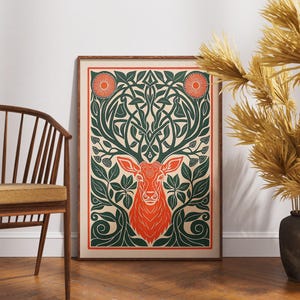 Vintage Hirsch Poster, Linolschnitt Woodland Majestät Kunst, Retro Hirsch Wanddekor, Boho Natur Illustration, rustikaler Walddruck, einzigartiges Geschenk