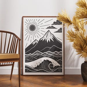 Berg und Meereswellen Druck, schwarz-weiße Sonne und Meer Wandkunst, gewagtes Natur Landschafts Poster, minimalistischer Holzschnitt Dekor