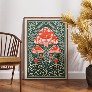 Vintage Pilz Poster, Linolschnitt Ornate Grove Art, Retro Fungi Wanddekoration, Boho Botanischer Druck, Natur Illustration, Wald-inspiriertes Geschenk