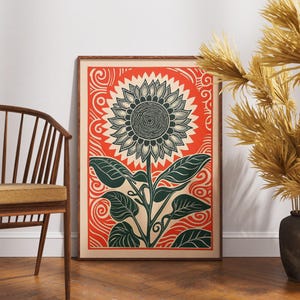 Vintage Sonnenblume Poster, Linolschnitt üppige Ornament Kunst, Retro Blumen Wanddekor, Boho Botanische Illustration, Natur inspirierte Kunstwerk, Geschenkidee