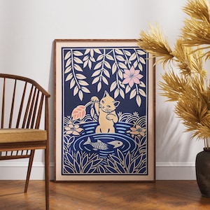 Póster de gatito vintage, arte de juego de koi grabado en linóleo, decoración de pared de gato retro, ilustración de animal boho, regalo único para amantes de las mascotas, impresión de naturaleza