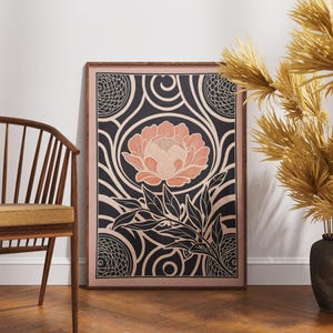 Póster vintage de peonía ruborizada, arte floral adornado con linograbado, decoración de pared botánica retro, ilustración de flores boho, impresión elegante de naturaleza, idea de regalo