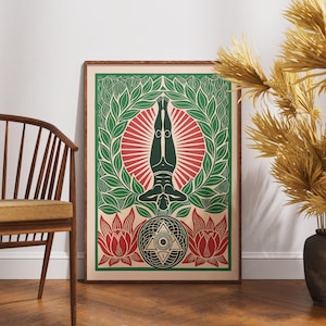 Póster vintage de parada de cabeza, arte de flores de chakras en linóleo, decoración de pared de yoga zen, ilustración de meditación retro, impresión de bienestar boho, regalo de yoga